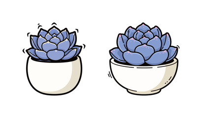 Pair of purple succulent plants in white ceramic pots in flat line style, representing indoor gardening, houseplant decor, natural beauty, and botanical elements