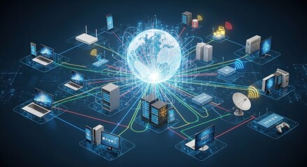 A futuristic, digital network with a globe at its center, connected by a complex array of devices and cables.