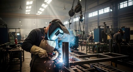 A welder in a protective mask and gloves is welding a metal frame in a workshop with other workers in the background.