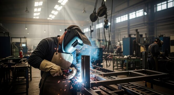 A welder in a protective mask and gloves is welding a metal frame in a workshop with other workers in the background.