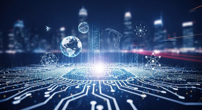 A futuristic cityscape with a glowing computer chip in the foreground and various icons and symbols floating above it, representing advanced technology and data processing.
