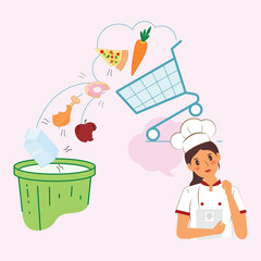 Illustration showing a chef thinking about food waste as groceries fall from a shopping cart into a trash bin, symbolizing overbuying, meal planning, and global environmental impact concern.