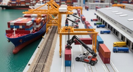 A miniature model of a busy shipping port with a large container ship, cranes, trucks, and other vehicles, set against a backdrop of a calm sea and a warehouse.