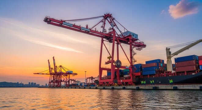 A large red and black container ship docked at a bustling port with cranes and containers in the background, under a vibrant sunset sky. - Powered by Adobe