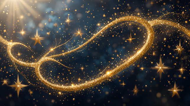 A digital illustration with gold glitter magic swirls and stars on a transparent background.