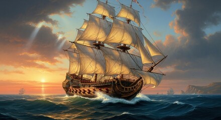 A majestic sailing ship with white sails and a wooden hull sailing on the open sea at sunset, with a rocky coastline in the background.
