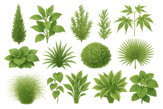 Collection of diverse green plants, various foliage and bushes for landscape design and botanical illustration on transparent background - Powered by Adobe