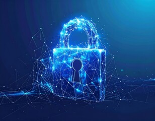 A digital padlock glows in blue light, composed of connected dots and lines against a dark background, suggesting security