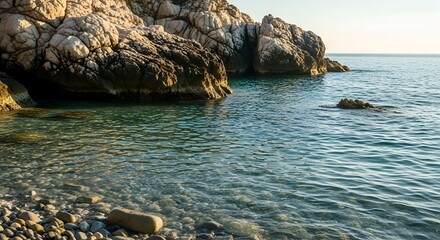 Rocky coastline with clear turquoise water a scenic view of the Mediterranean sea perfect for travel and vacation themes