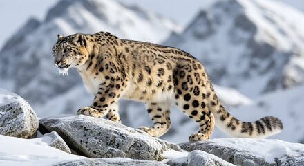 A powerful adult snow leopard traverses rugged, snowy mountain terrain, showcasing its majestic presence and detailed fur in a striking winter landscape