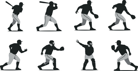 Eight Silhouette Baseball Players in Various Poses on White Background sport game