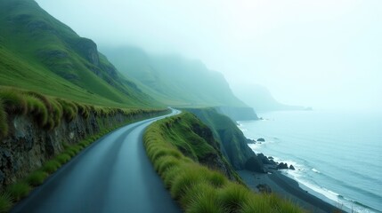 A Serene Coastal Drive Winding Along Verdant Cliffs and a Misty Ocean