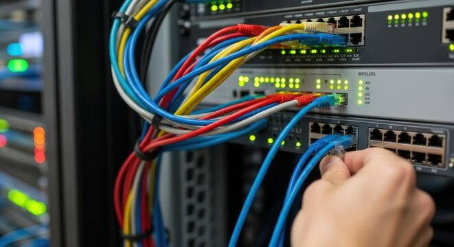 A hand is connecting a blue cable to a network switch with multiple colorful cables connected to it.