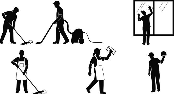 Silhouettes of people cleaning with mops vacuum cleaner and window squeegee janitor