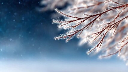 Winter's Frosty Embrace: An ethereal scene of delicate branches frosted with glittering ice crystals, set against a blurred, deep blue backdrop, evokes the serene beauty of winter. - Powered by Adobe