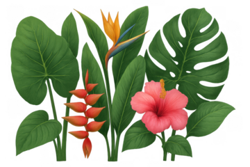 Vibrant tropical leaves and exotic flowers creating a lush jungle scene with transparent background, summer vacation concept