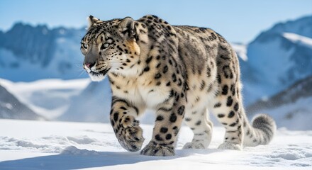 Magnificent snow leopard strides gracefully across a pristine, sunlit snowy mountain landscape, its unique patterned fur beautifully illuminated, capturing the essence of wild nature