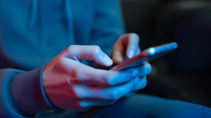 Dynamic hands actively using smartphone with vibrant blue and red lighting - Powered by Adobe