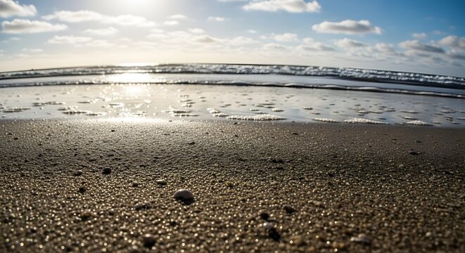 Captivating low-angle panorama of a serene sandy beach, showcasing ultra-detailed glistening wet sand leading to gentle ocean waves under a vibrant, bright sky
