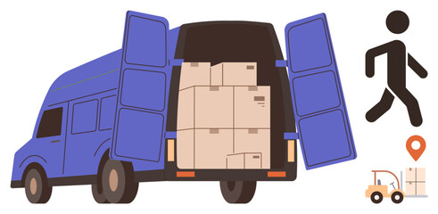 Naklejka na ściany i meble Delivery van loaded with boxes, worker figure, forklift carrying parcels, and location marker. Ideal for logistics, shipping, transportation, e-commerce, delivery services supply chain storage