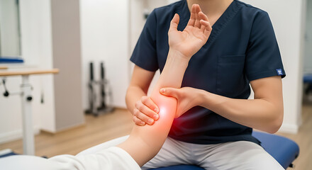 Physiotherapist treats patient's arm pain with manual therapy, highlighting injury area
