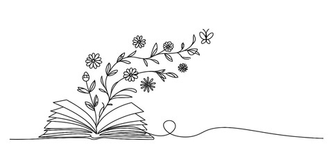 Continuous line drawing of an open book with a plant, flowers, leaves, and a butterfly, symbolizing knowledge, nature and growth.