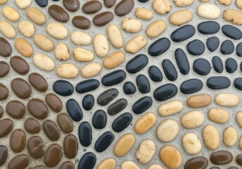 Textured background of smooth river stones set in concrete pavement mosaic.