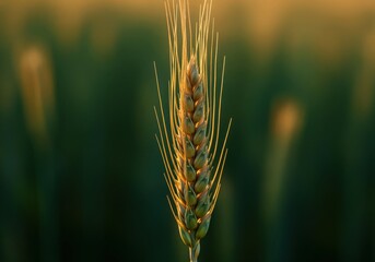 Obraz premium Single golden wheat spikelet illuminated by warm sunlight during harvest season.