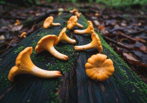 Golden chanterelle mushrooms scattered on a dark mossy log in a damp forest environment.