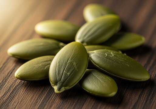 Close up of healthy green pepitas seeds piled on a rustic dark wood surface