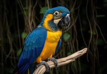 Obraz premium Vibrant blue and yellow macaw parrot portrait perched on a tropical branch