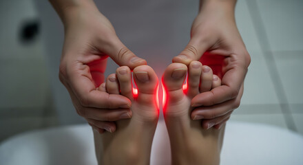 Hands massaging feet with red glowing toes, symbolizing foot pain, discomfort, or therapeutic treatment.