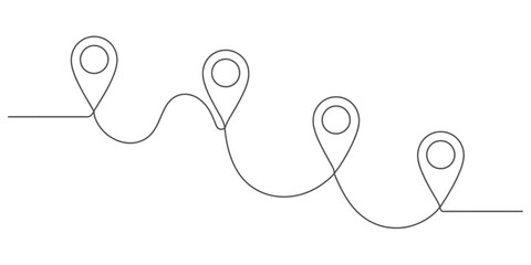 Continuous line drawing shows a winding path connecting four distinct location map pins, representing a journey, route, or process steps.