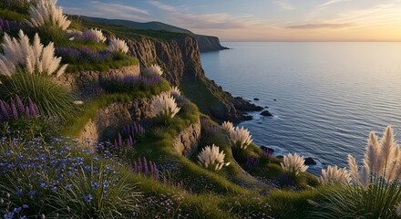 Coastal cliffside landscape with pampas grass and wildflowers scenic ocean view at sunset idyllic nature scene