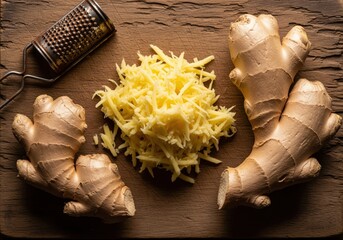 Whole and freshly grated ginger root with a grater on a dark wooden surface