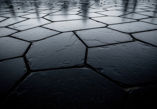 Moody dark wet interlocking basalt stone pavement texture background surface.