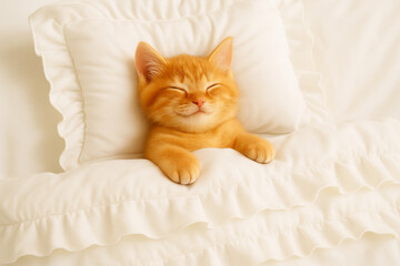 Cute Orange Cat Kitten Sleeping in Fluffy Bed, Smiling in Dreaming, Generative AI