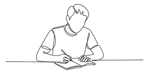 Continuous line drawing of a person writing in a notebook, symbolizing education, creativity, focused learning and thoughtful activity.