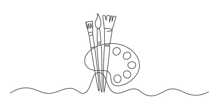 Continuous line art illustration featuring a set of paint brushes and an artist's palette, symbolizing creativity and artistic endeavor.