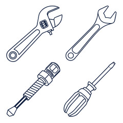 Collection of four different types of wrenches isolated on
