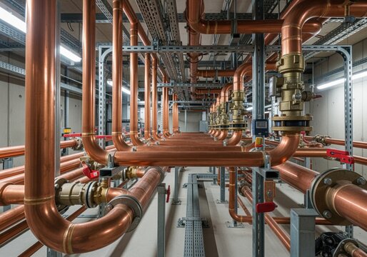 Intricate system of copper pipes and brass valves for industrial heating and cooling infrastructure.