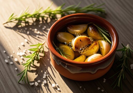 Roasted garlic cloves infused in olive oil with fresh rosemary and sea salt. - Powered by Adobe