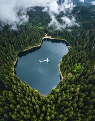 Aerial view of a secluded lake ringed by lush forest with a plane