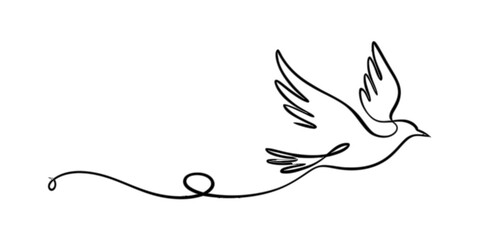 Minimalist continuous line art drawing of a flying dove illustration, representing peace, freedom, and spirituality on a clean background.