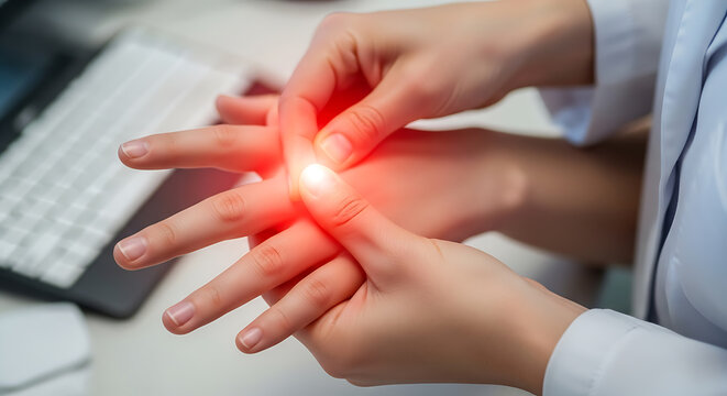 Woman experiencing severe hand pain, red highlight indicating inflammation or injury. Health and medical concept.