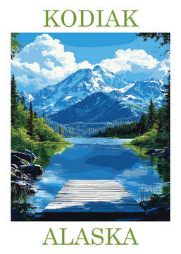 Tranquil vector illustration of Kodiak Island, Alaska, featuring a wooden dock extending into a peaceful lake surrounded by forest and mountains.