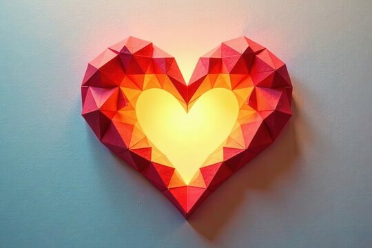 Illuminated Geometric Heart Wall Decor A Low-Poly Papercraft Light Fixture with a Warm Glow