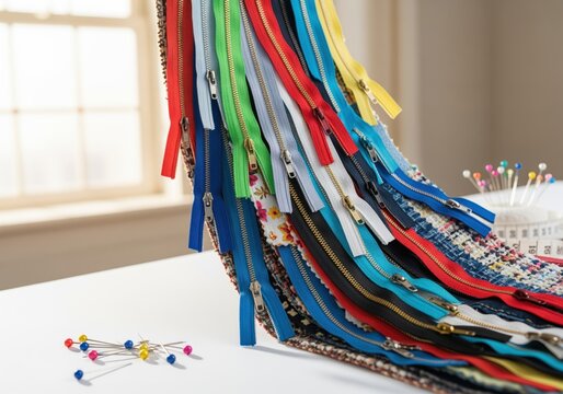 Vibrant cascade of multi colored zippers and textile swatches for tailoring and craft.