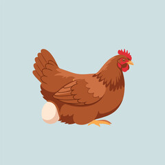 Cartoon brown hen laying an egg, isolated on a light blue background.