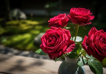 Fototapeta premium Velvety deep crimson roses bouquet in a ceramic vase on a sunlit wooden surface.